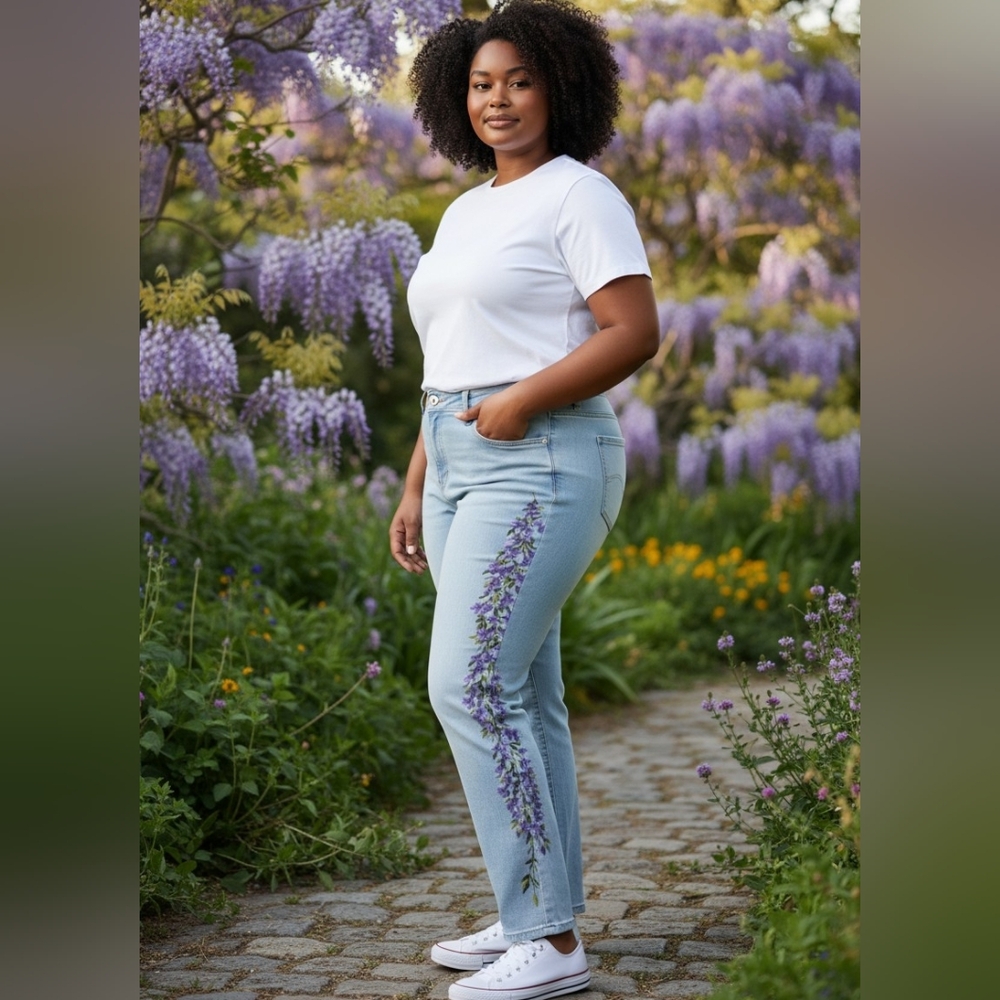 Martha Stewart Embroidered Light Blue Jeans Lilac Floral Fall